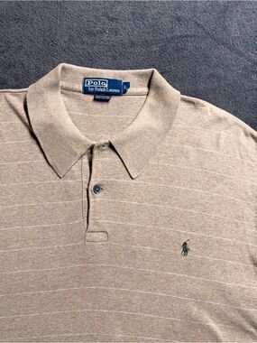 Vintage Polo Ralph Lauren Pinstripe Knit Polo Shirt Size [Large] Tan Brown